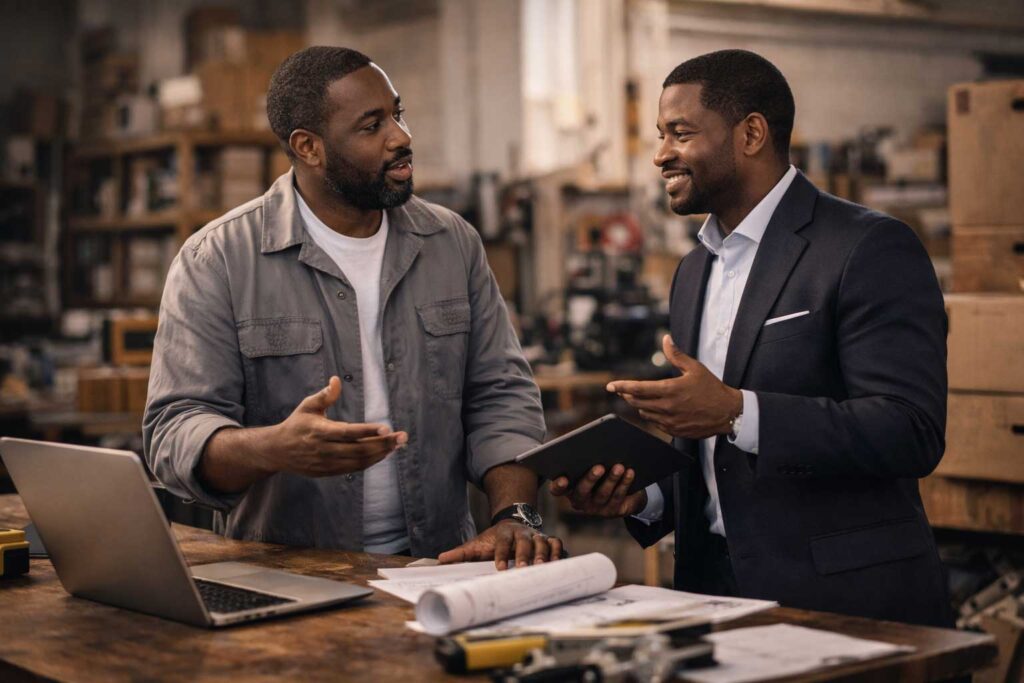 Two men discussing plans in workshop.