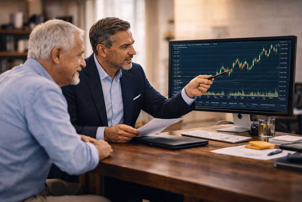 Business discussion with financial charts.