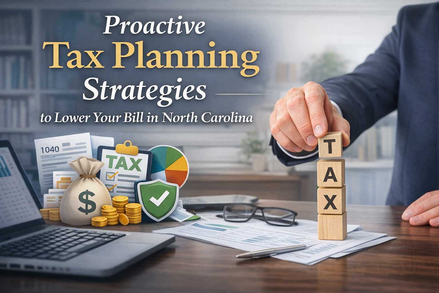 Financial advisor stacking blocks that read TAX