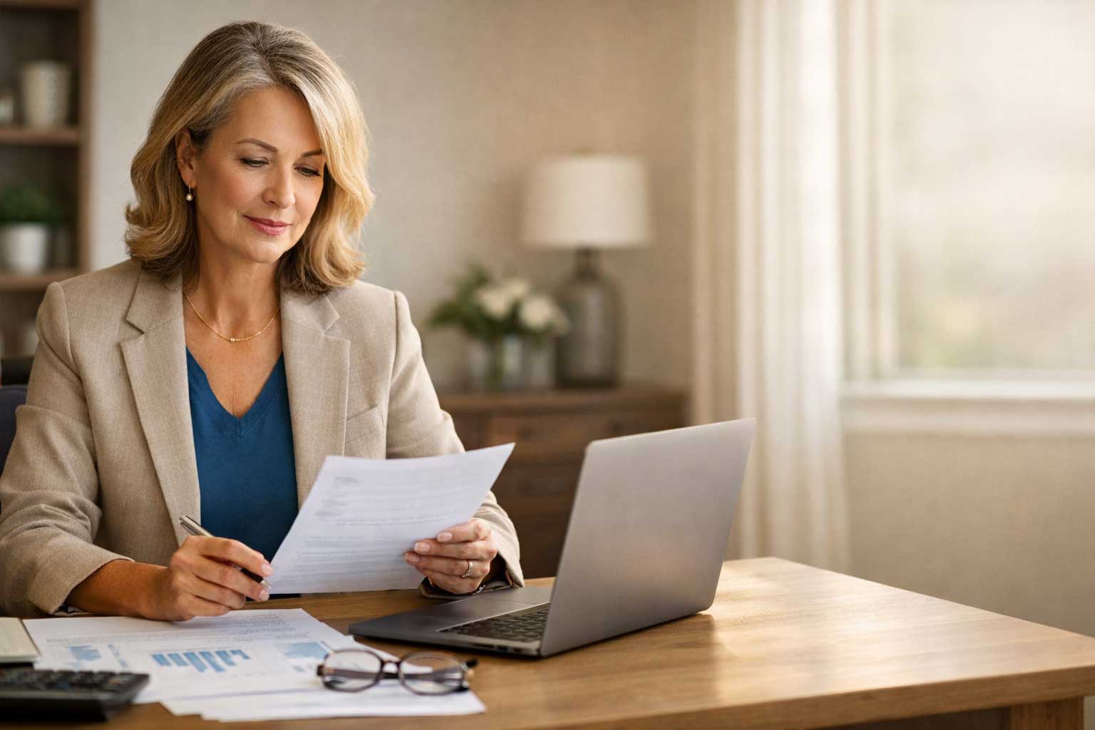 Woman reviewing documents at desk